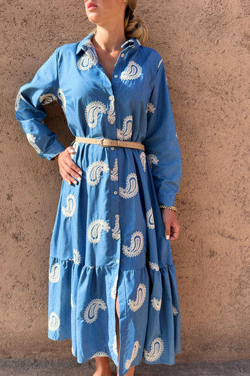 Robe longue en jean brodée PARIS